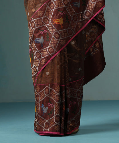 Handloom_Coke_Brown_Pure_Kota_Silk_Saree_Zari_Border_With_Parrot_Motif_WeaverStory_04