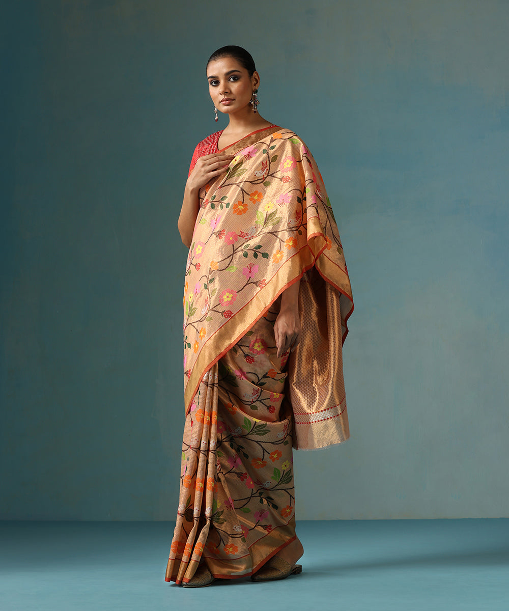 Handloom_Peach_Pure_Kota_Tissue_Saree_With_Sparrow_And_Flowers_Jaal_WeaverStory_02