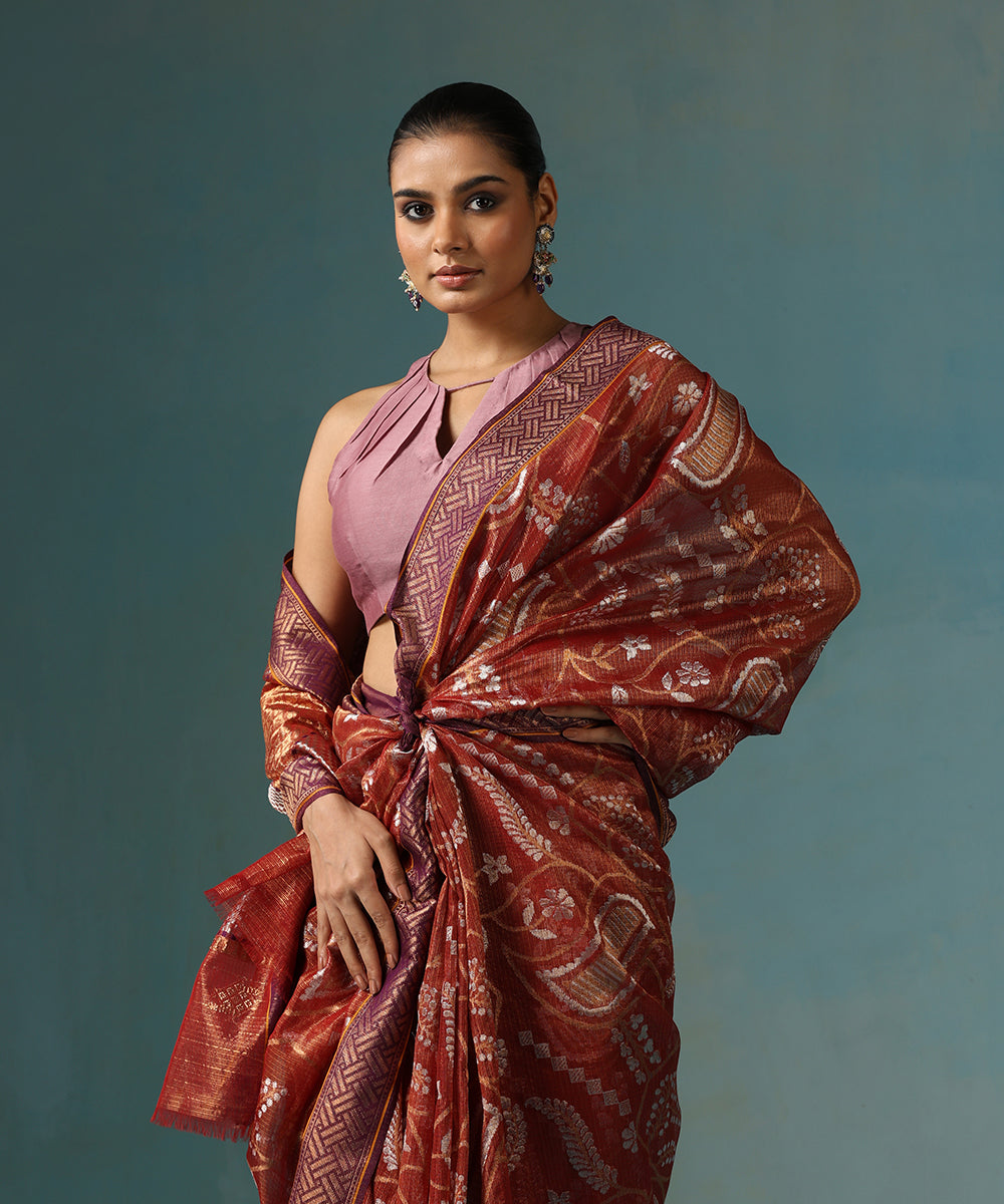 Handloom_Rust_Pure_Kota_Saree_With_Zari_Jaal_And_Purple_Border_WeaverStory_01