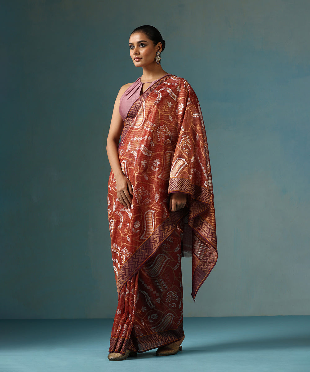 Handloom_Rust_Pure_Kota_Saree_With_Zari_Jaal_And_Purple_Border_WeaverStory_02