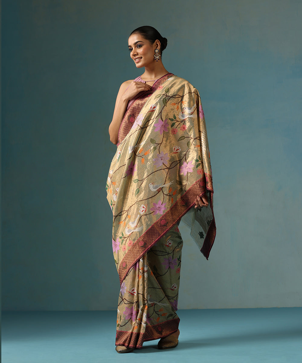 Golden_Handloom_Pure_Kota_Tissue_Saree_With_Purple_Border_WeaverStory_02