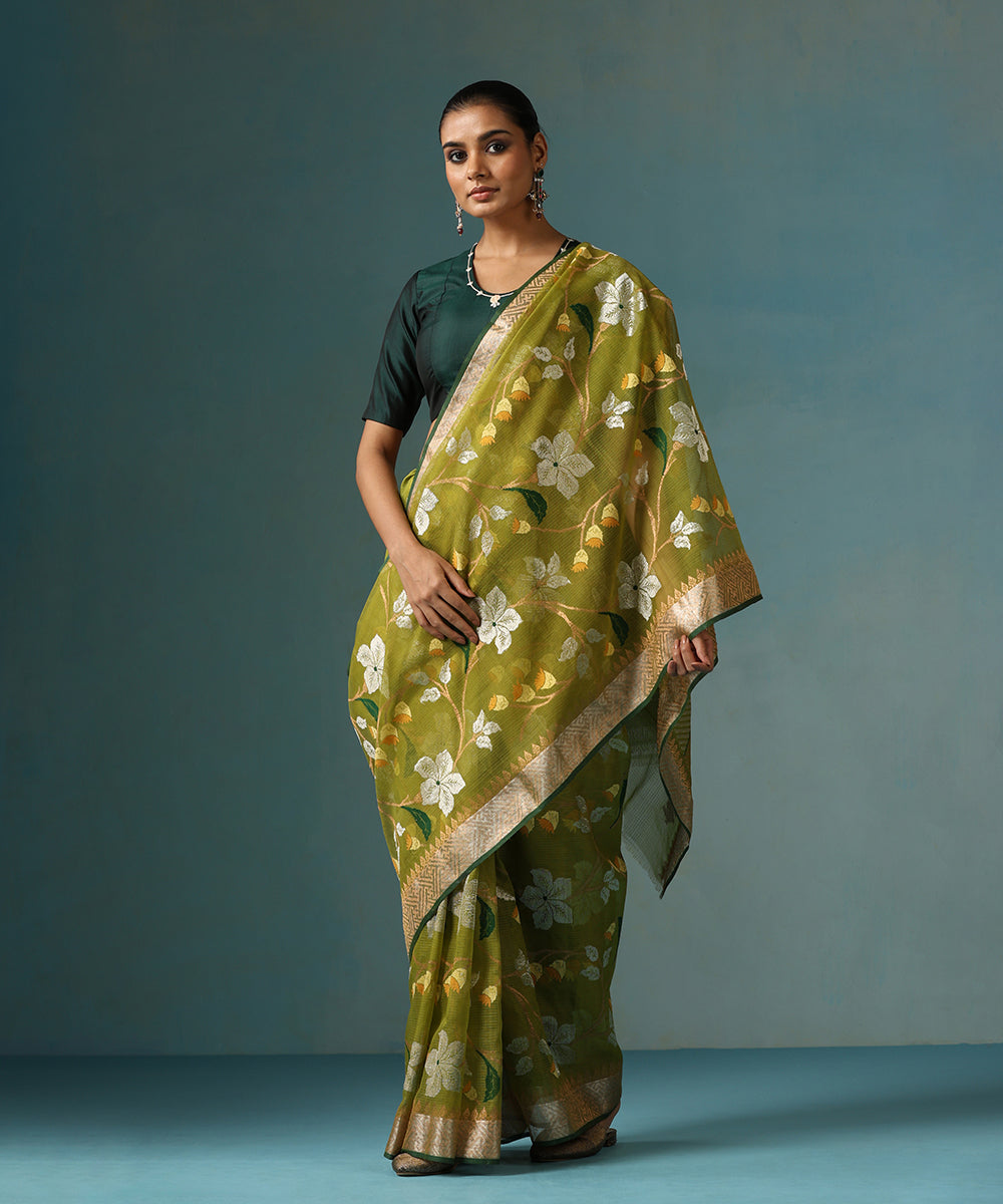 Green_Handloom_Pure_Kota_Saree_With_Tissue_Border_And_Zari_Jaal_WeaverStory_02