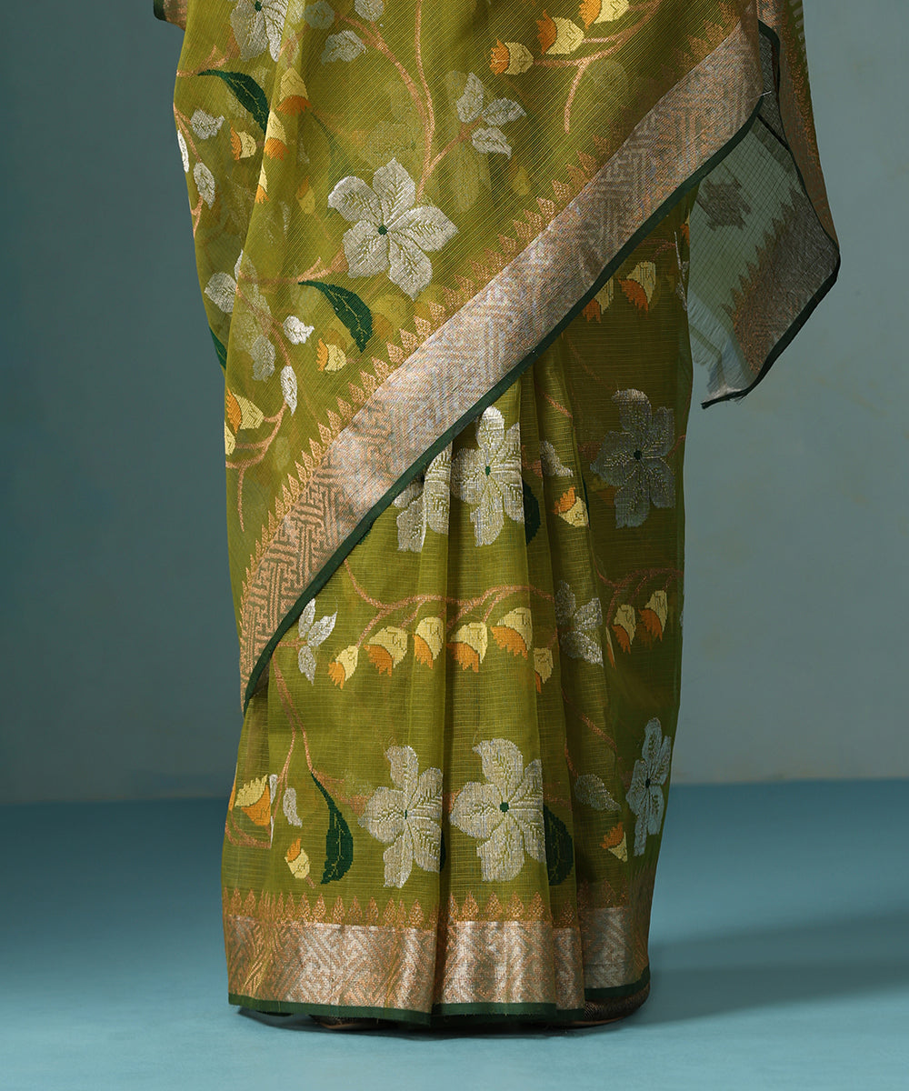 Green_Handloom_Pure_Kota_Saree_With_Tissue_Border_And_Zari_Jaal_WeaverStory_04