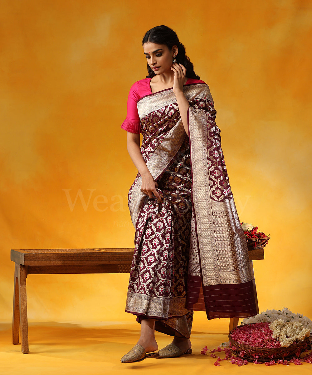 Wine_Handloom_Pure_Katan_Silk_Saree_Banarasi_Saree_With_Cutwork_Jaal_And_Pink_Meenakari_WeaverStory_01