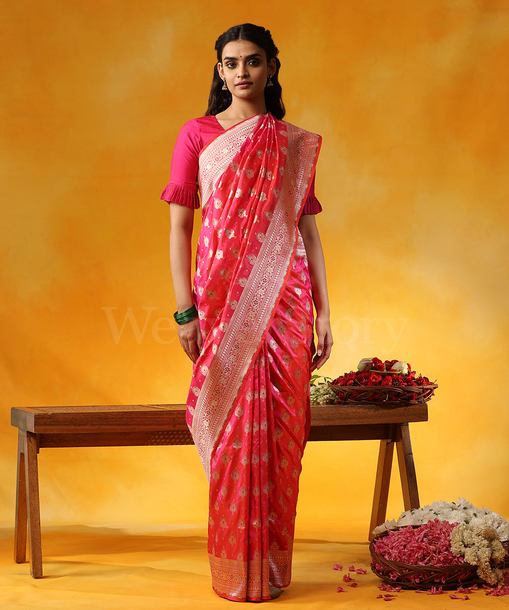 Handloom_Pink_Pure_Katan_Silk_Banarasi_Saree_With_Small_Zari_Booti_With_Red_Meenakari_WeaverStory_01