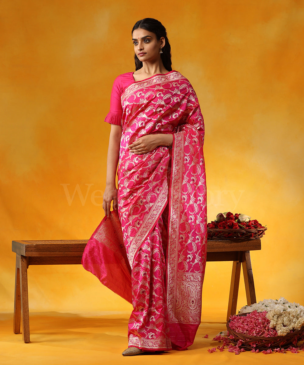 Handloom_Pink_Pure_Katan_Silk_Saree_Allover_Jaal_With_Purple_Meena_And_Ambi_Border_WeaverStory_01