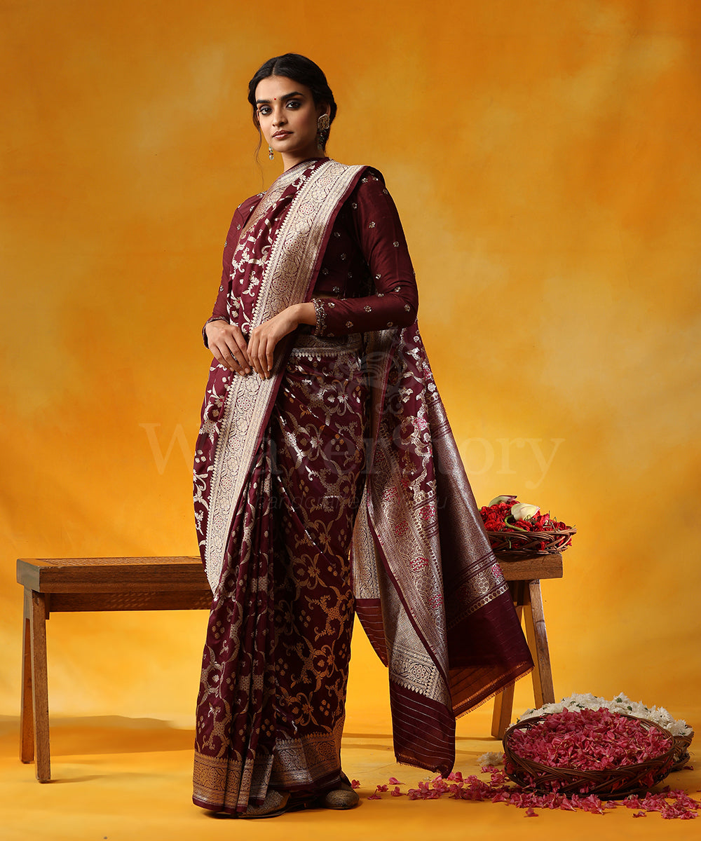 Handloom_Wine_Pure_Katan_Silk_Saree_Banarasi_Saree_With_Rani_Pink_Meenakari_WeaverStory_01