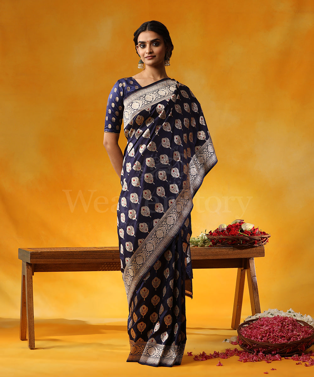 Handloom_Blue_Pure_Katan_Silk_Saree_Cutwork_Zari_Booti_With_Red_Meenakari_WeaverStory_01