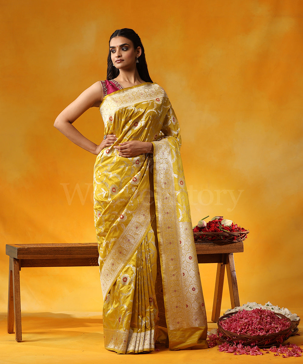 Handloom_Mustard_Pure_Katan_Silk_Banarasi_Saree_Cutwork_Zari_Jaal_And_Red_Meenakari_WeaverStory_01