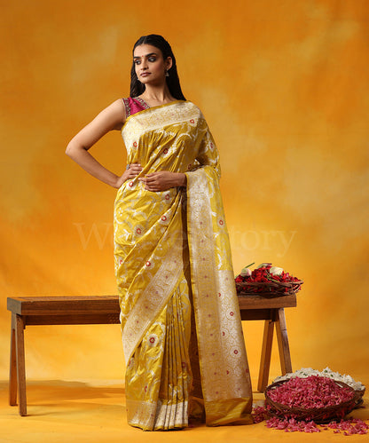 Handloom_Mustard_Pure_Katan_Silk_Banarasi_Saree_Cutwork_Zari_Jaal_And_Red_Meenakari_WeaverStory_01