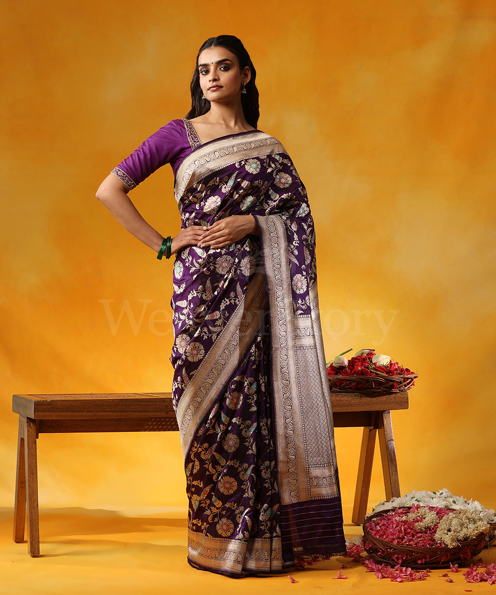 Purple_Handloom_Pure_Katan_Silk_Banarasi_Saree_With_Cutwork_Floral_Jaal_And_Meenakari_WeaverStory_01