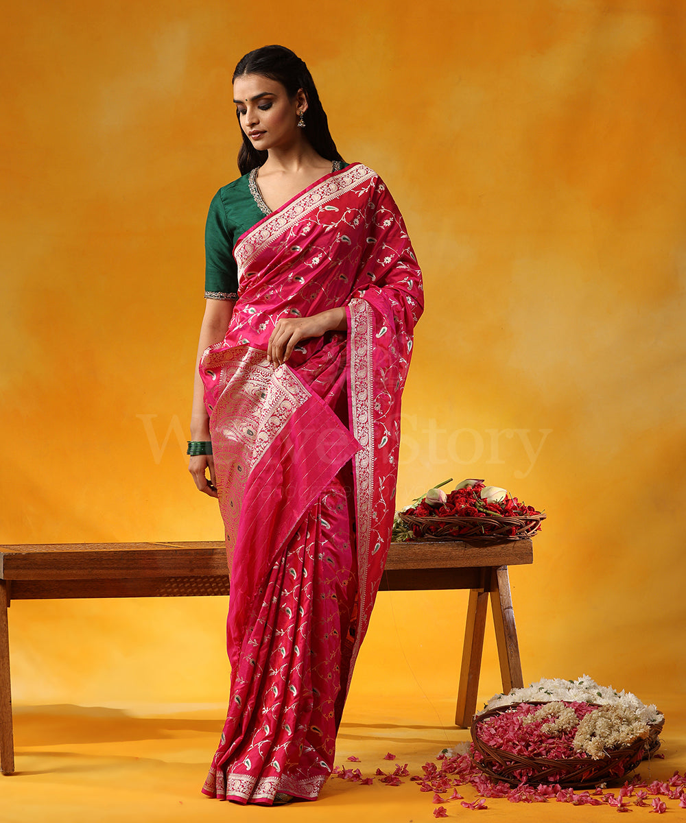 Handloom_Pink_Pure_Katan_Silk_Banarasi_Saree_With_Allover_Jaal_And_Ambi_Border_WeaverStory_01