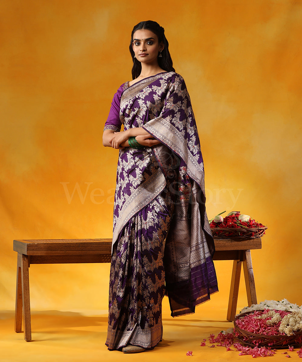 Handloom_Purple_Pure_Katan_Silk_Banarasi_Saree_With_Cutwork_Floral_Jaal_And_Red_Meenakari_WeaverStory_01