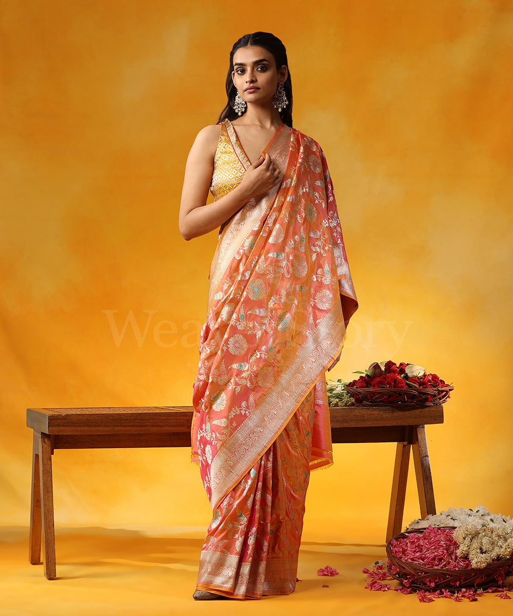 Peach_Handloom_Pure_Katan_Silk_Banarasi_Saree_With_Cutwork_Floral_Jaal_And_Meenakari_WeaverStory_01