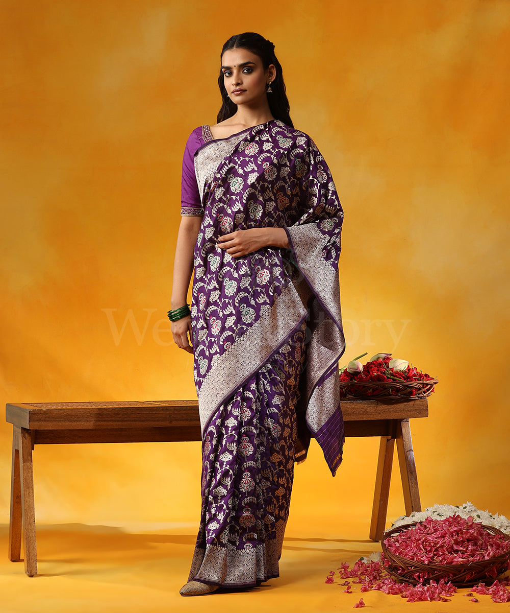 Purple_Handloom_Pure_Katan_Silk_Banarasi_Saree_With_Cutwork_Floral_Jaal_And_Meenakari_WeaverStory_01