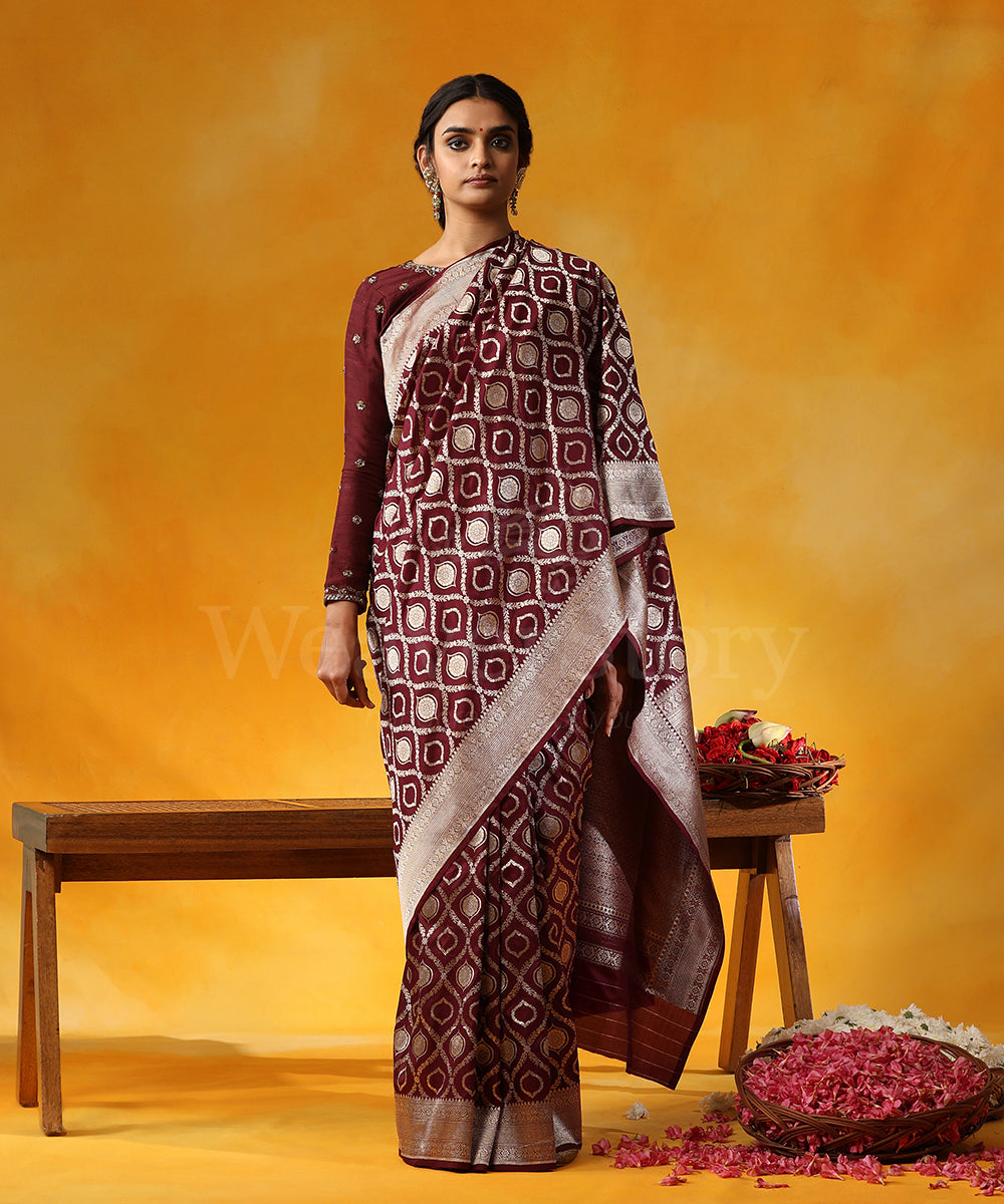 Handloom_Wine_Pure_Katan_Silk_Banarasi_Saree_With_Cutwork_Alfi_Jaal_WeaverStory_01