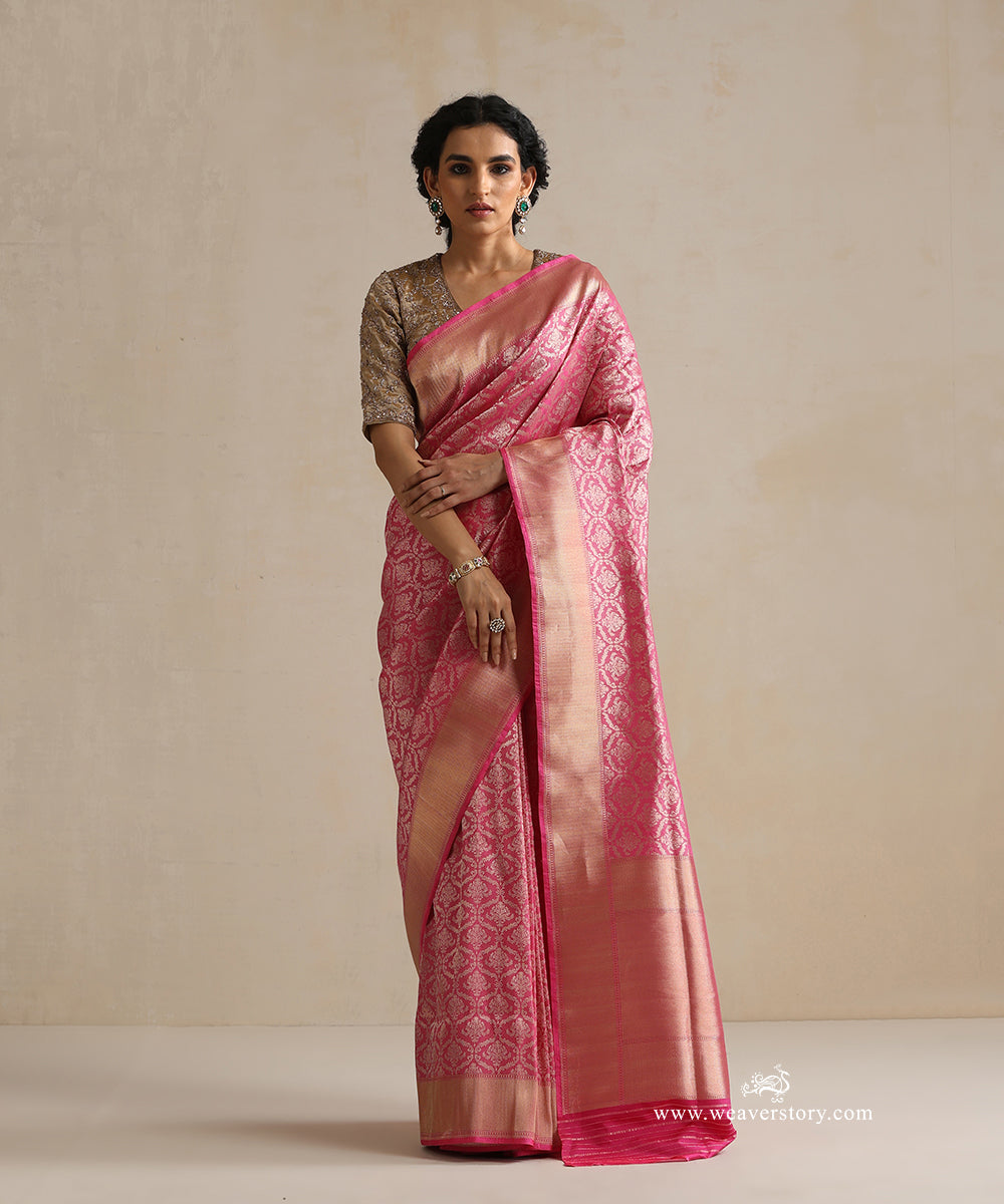 Handloom_Pink_Pure_Katan_Silk_Kimkhab_Banarasi_Saree_With_Chevron_Border_WeaverStory_02