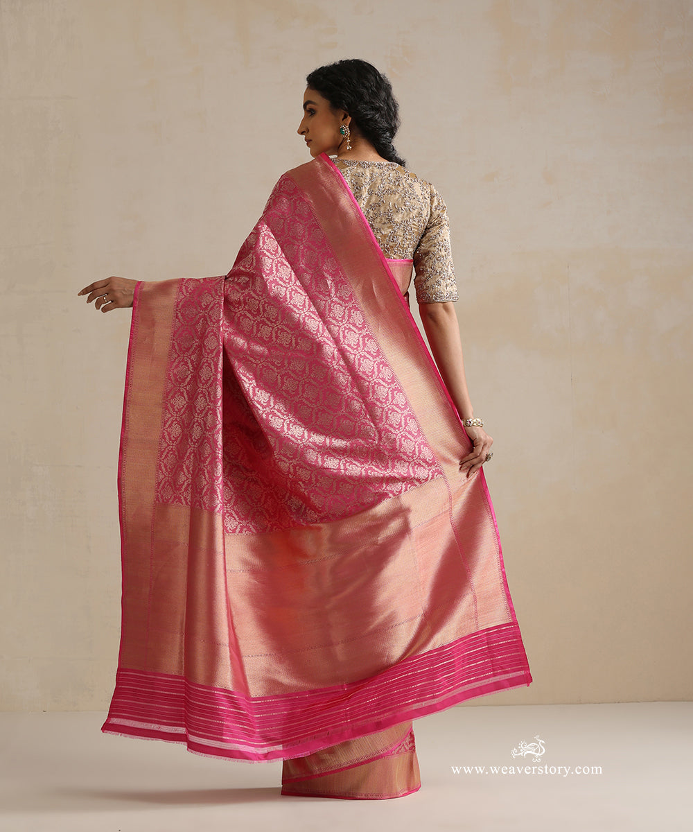 Handloom_Pink_Pure_Katan_Silk_Kimkhab_Banarasi_Saree_With_Chevron_Border_WeaverStory_03