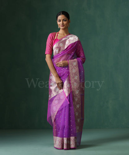 Purple_Handloom_Pure_Kora_Silk_Banarasi_Saree_With_Sona_Rupa_Kadhwa_Small_Zari_Booti_WeaverStory_01