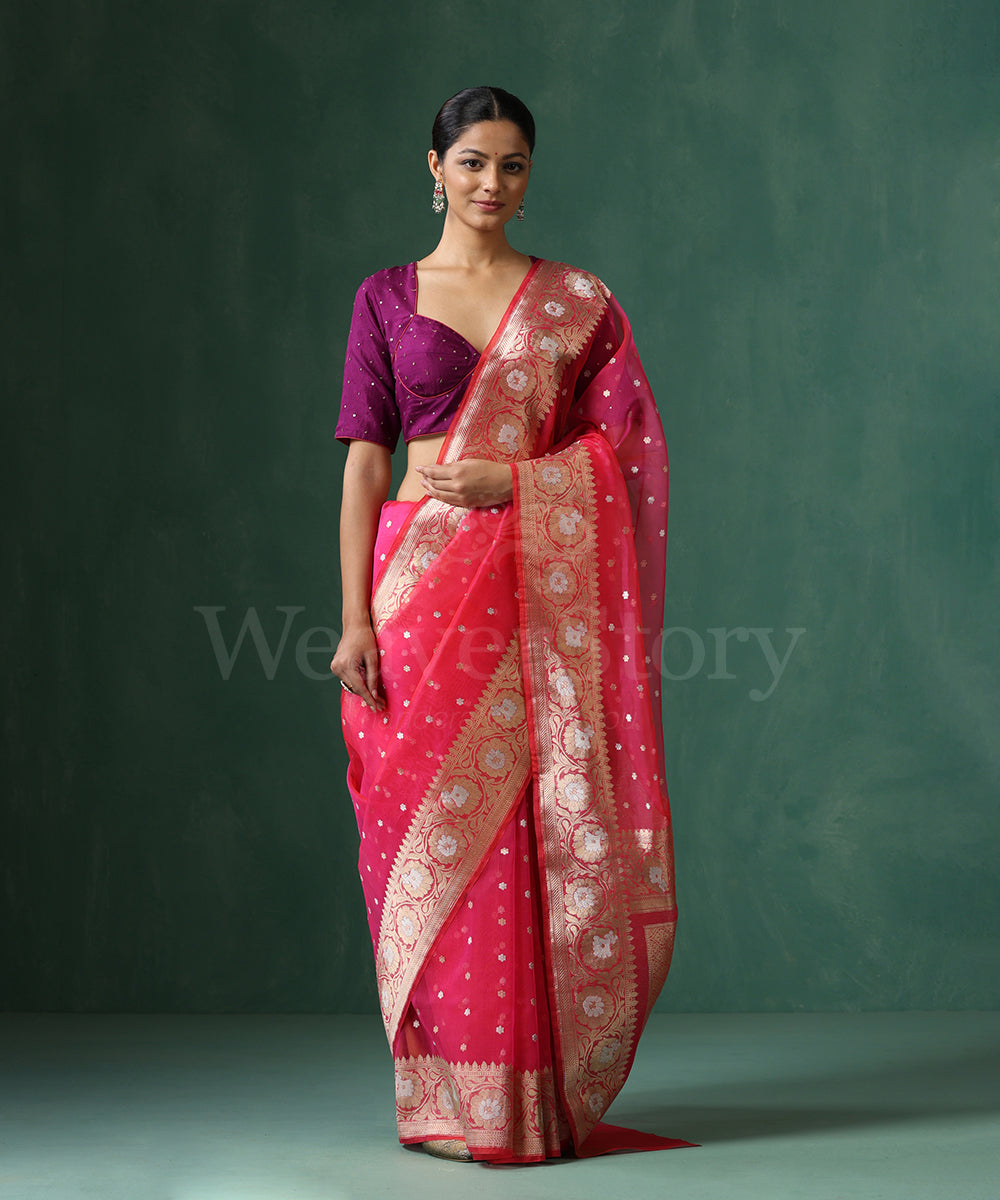 Pink_Handloom_Pure_Kora_Silk_Banarasi_Saree_With_Sona_Rupa_Kadhwa_Small_Zari_Booti_WeaverStory_01