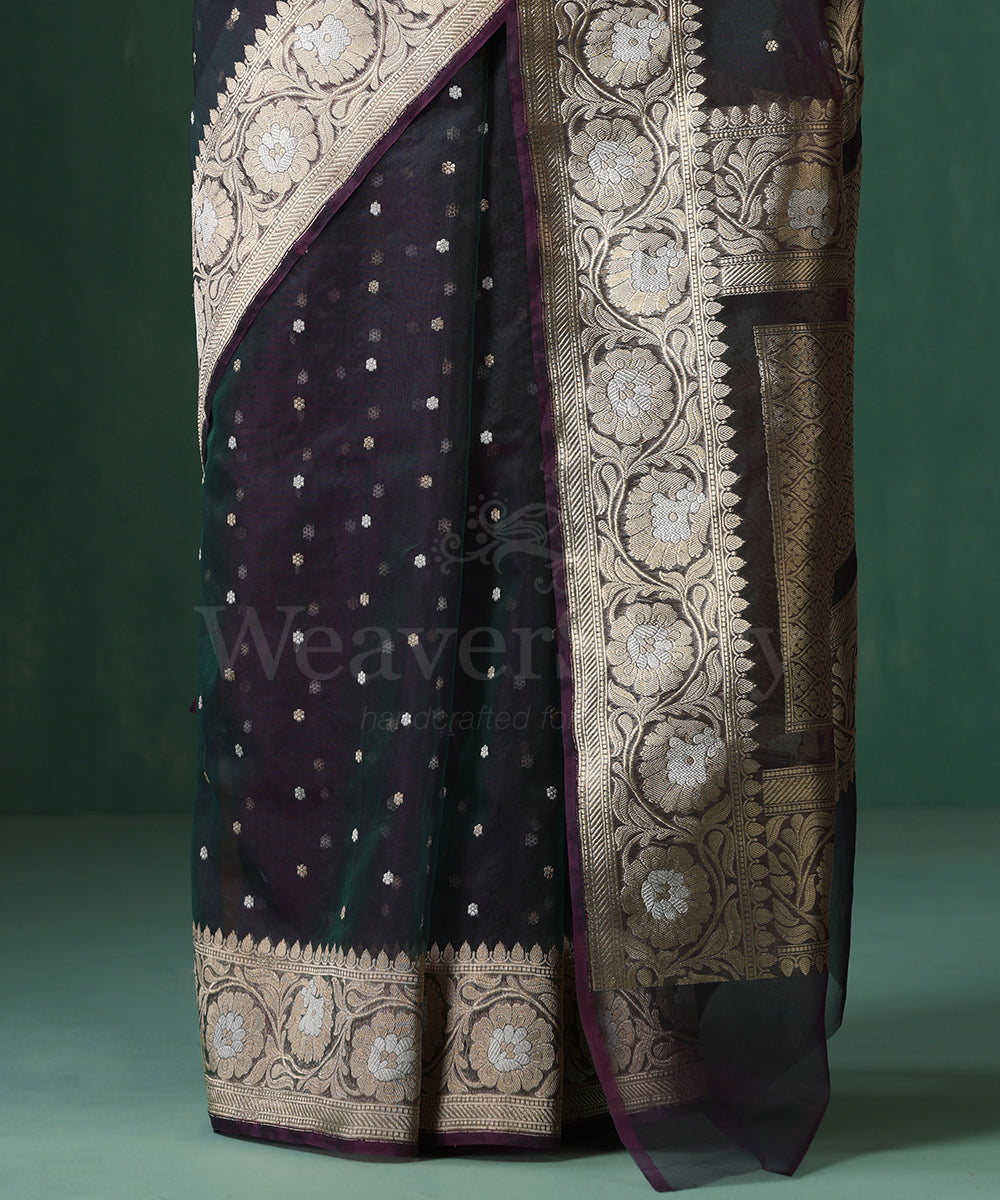 Peacock_Blue_Handloom_Pure_Kora_Silk_Banarasi_Saree_With_Sona_Rupa_Kadhwa_Small_Zari_Booti_WeaverStory_04