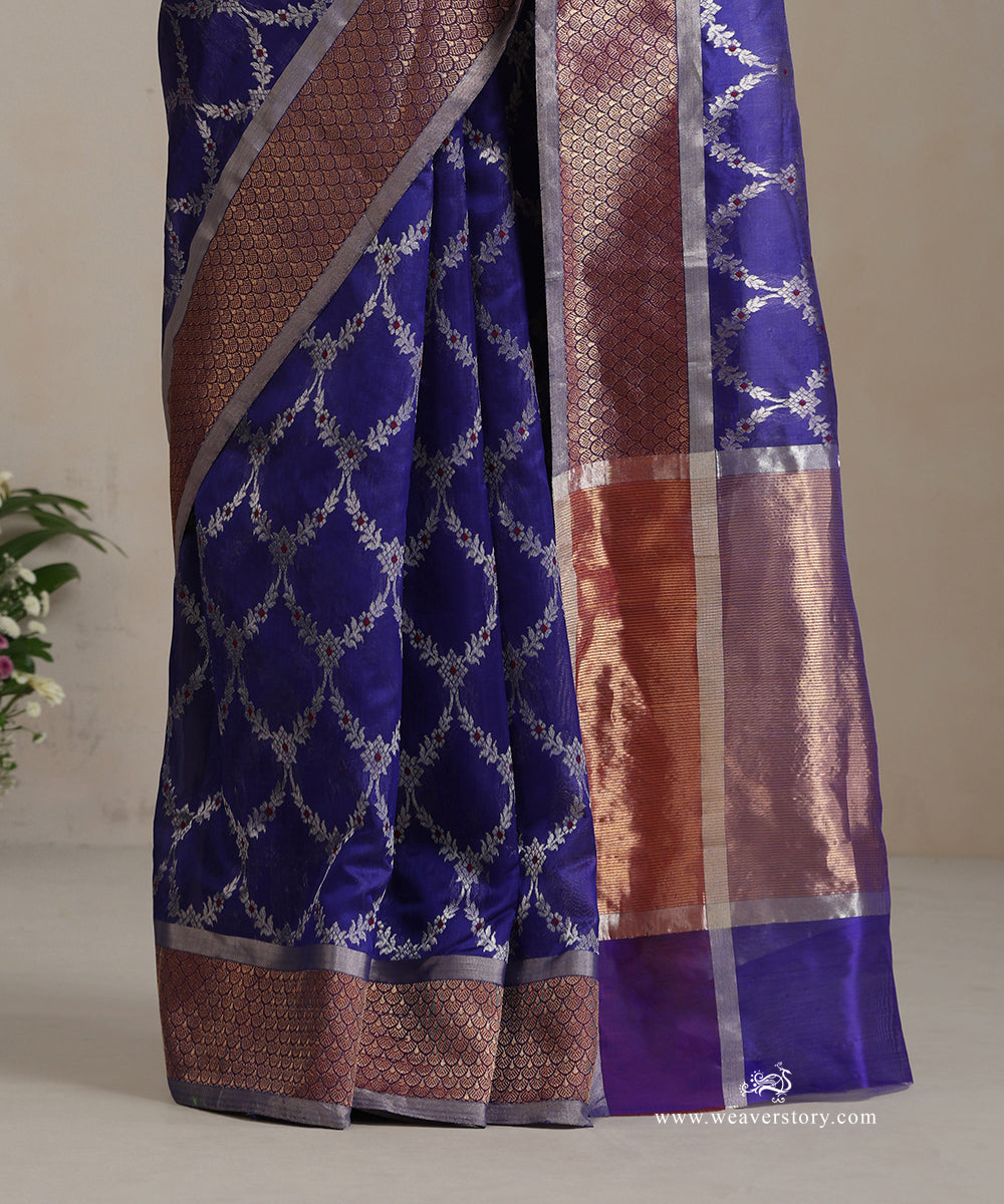 Cobalt_Blue_Handloom_Pure_Silk_Chanderi_Saree_With_Allover_Silver_Zari_Jaal_With_Red_Meena_WeaverStory_04