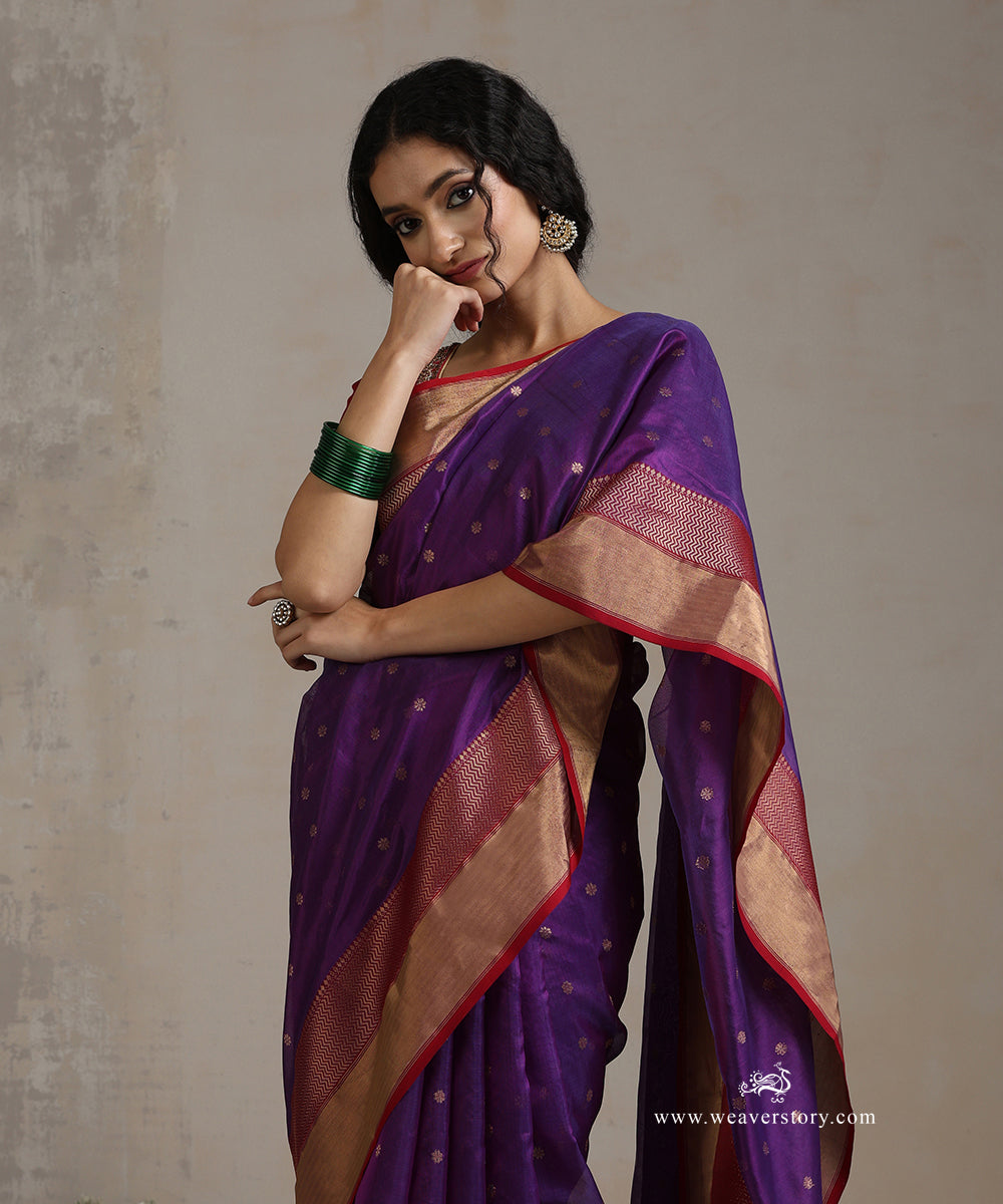 Purple_Handloom_Pure_Silk_Chanderi_Saree_Allover_Gold_Small_Booti_With_Heavy_Pink_Border_WeaverStory_01