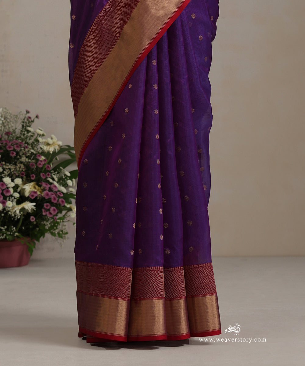 Purple_Handloom_Pure_Silk_Chanderi_Saree_Allover_Gold_Small_Booti_With_Heavy_Pink_Border_WeaverStory_04