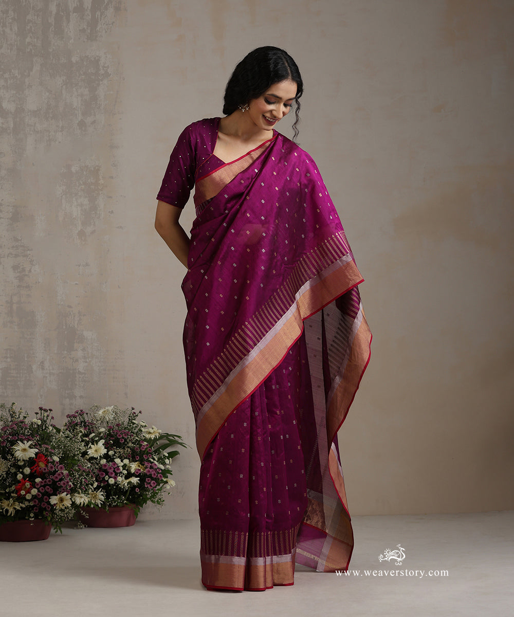 Wine_Handloom_Pure_Silk_Chanderi_Saree_With_Allover_Gold_And_Silver_Booti_And_Pink_Selvedge_WeaverStory_02