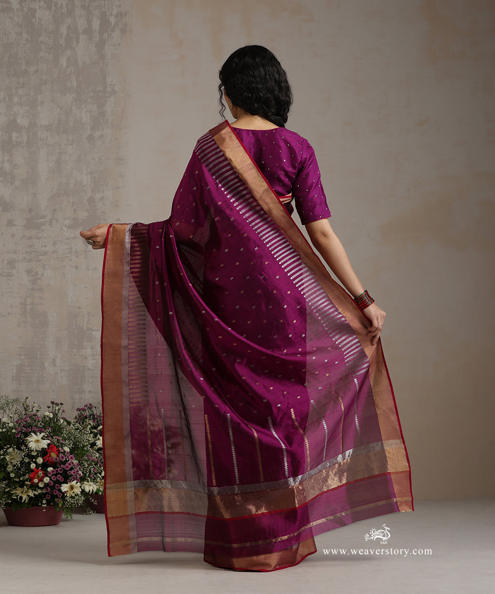 Wine_Handloom_Pure_Silk_Chanderi_Saree_With_Allover_Gold_And_Silver_Booti_And_Pink_Selvedge_WeaverStory_03