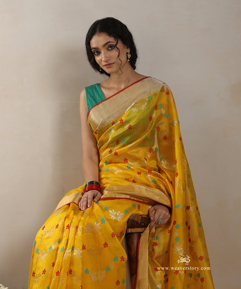 Yellow_Handloom_Pure_Silk_Chanderi_Saree_With_Floral_Meena_Jaal_WeaverStory_01