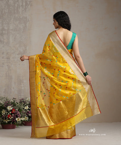Yellow_Handloom_Pure_Silk_Chanderi_Saree_With_Floral_Meena_Jaal_WeaverStory_03