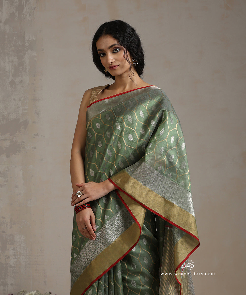 Handloom_Heena_Green_Pure_Silk_Chanderi_Saree_With_Gold_And_Silver_Zari_Jaal_And_Red_Selvedge_WeaverStory_01