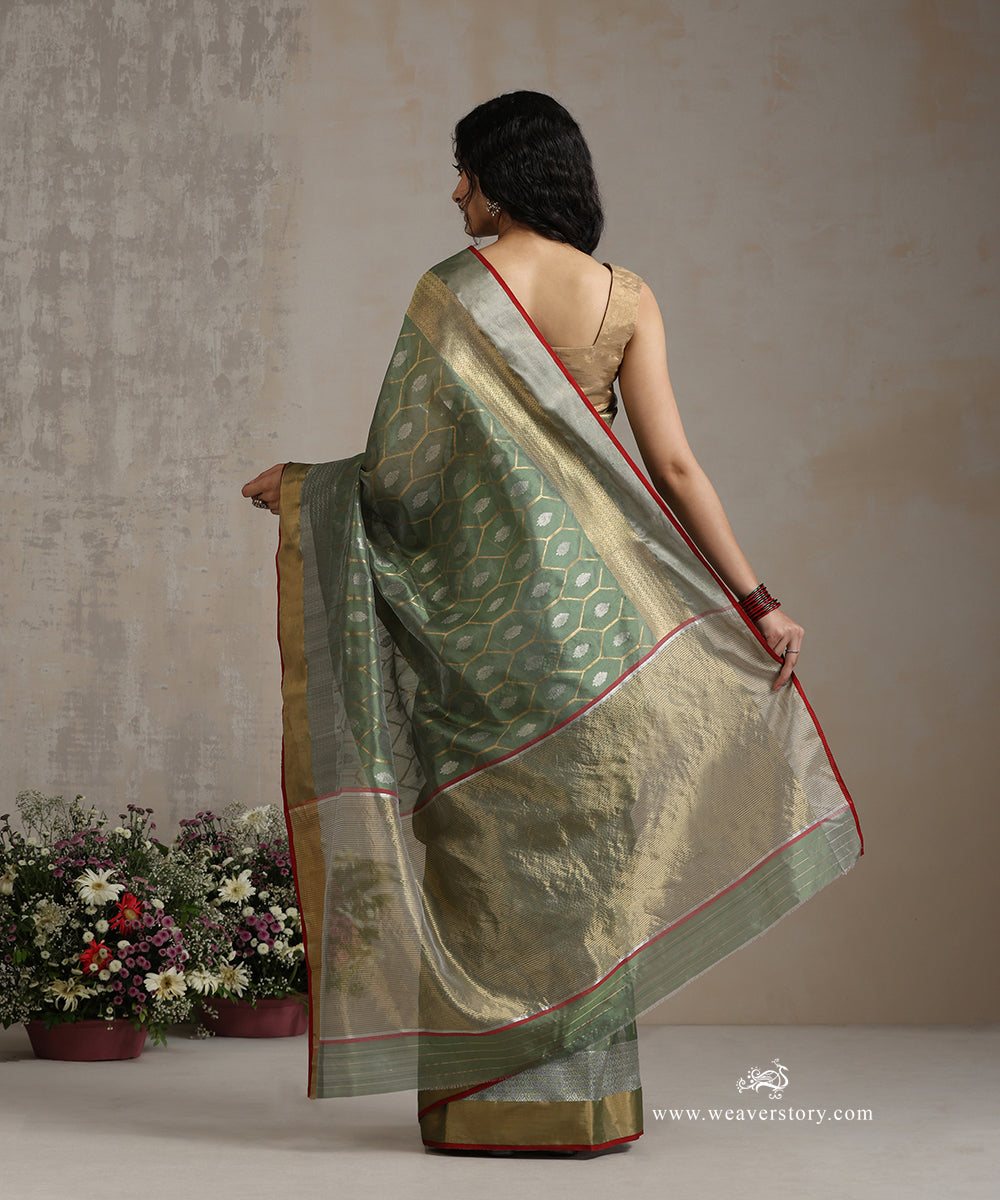 Handloom_Heena_Green_Pure_Silk_Chanderi_Saree_With_Gold_And_Silver_Zari_Jaal_And_Red_Selvedge_WeaverStory_03