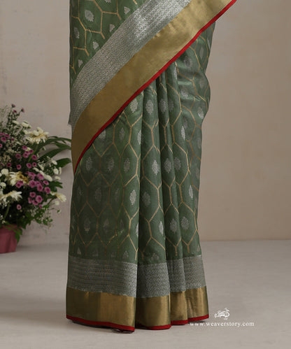 Handloom_Heena_Green_Pure_Silk_Chanderi_Saree_With_Gold_And_Silver_Zari_Jaal_And_Red_Selvedge_WeaverStory_04