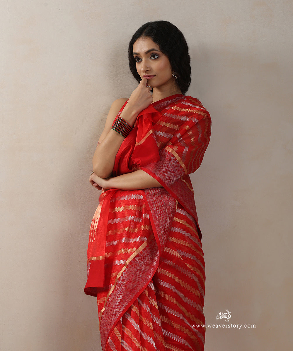 Red_Handloom_Pure_Silk_Chanderi_Saree_With_Gold_And_Silver_Zig_Zag_And_Silver_Border_WeaverStory_01