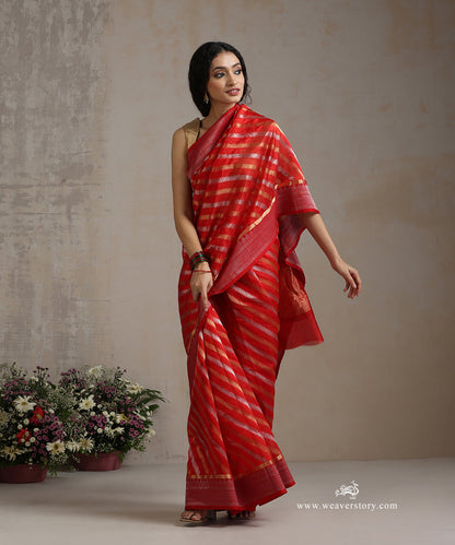 Red_Handloom_Pure_Silk_Chanderi_Saree_With_Gold_And_Silver_Zig_Zag_And_Silver_Border_WeaverStory_02