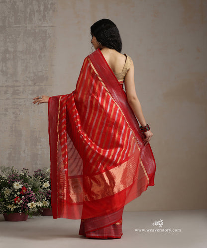 Red_Handloom_Pure_Silk_Chanderi_Saree_With_Gold_And_Silver_Zig_Zag_And_Silver_Border_WeaverStory_03