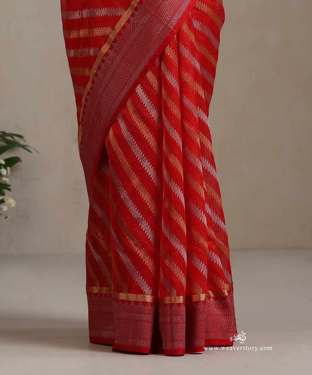 Red_Handloom_Pure_Silk_Chanderi_Saree_With_Gold_And_Silver_Zig_Zag_And_Silver_Border_WeaverStory_04