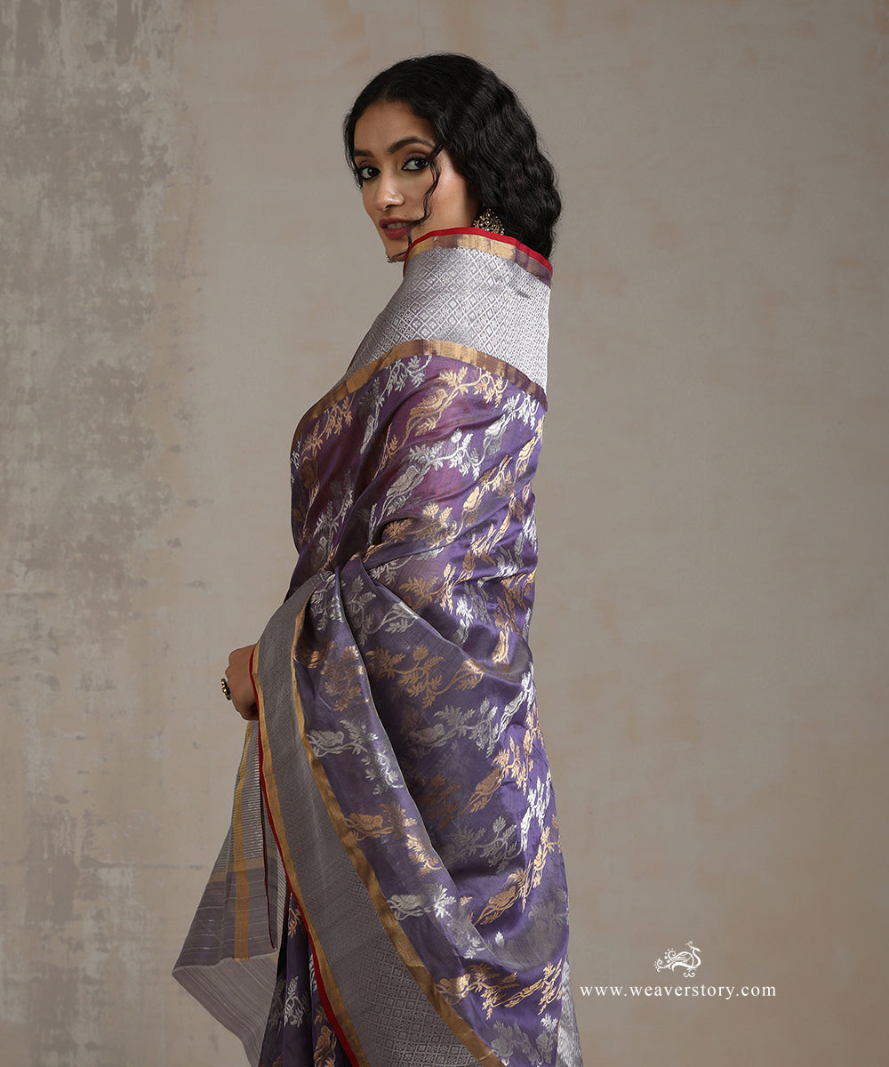 Handloom_Light_Purple_Pure_Silk_Chanderi_Saree_With_Gold_Silver_Parrot_Jaal_And_Silver_Border_With_Red_Selvedge_WeaverStory_01