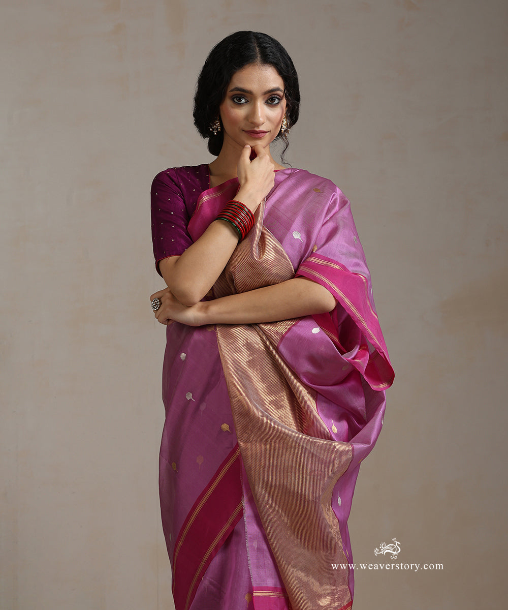 Light_Purple_Handloom_Pure_Silk_Chanderi_Saree_With_Gold_And_Silver_Boota_And_Pink_Border_WeaverStory_01