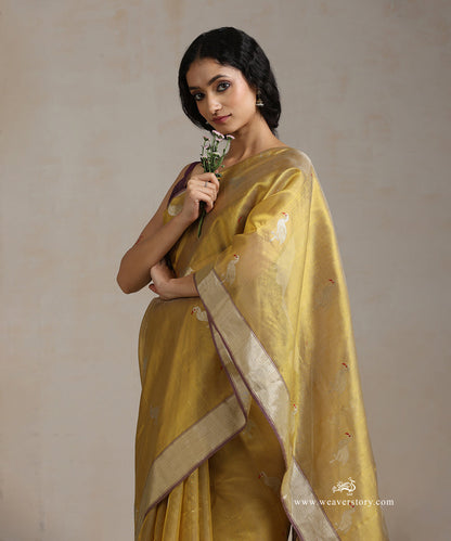 Lemon_Green_Handloom_Pure_Silk_Chanderi_Saree_With_Silver_Swan_Motifs_With_Purple_Selvedge_WeaverStory_01