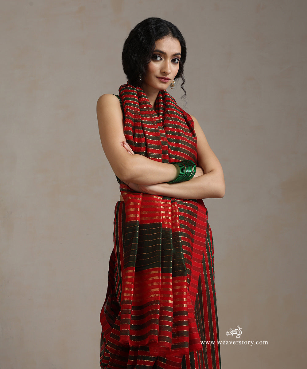 Handloom_Red_And_Green_Pure_Cotton_Silk_Chanderi_With_Strips_WeaverStory_01