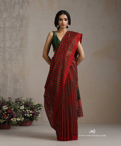 Handloom_Red_And_Green_Pure_Cotton_Silk_Chanderi_With_Strips_WeaverStory_02