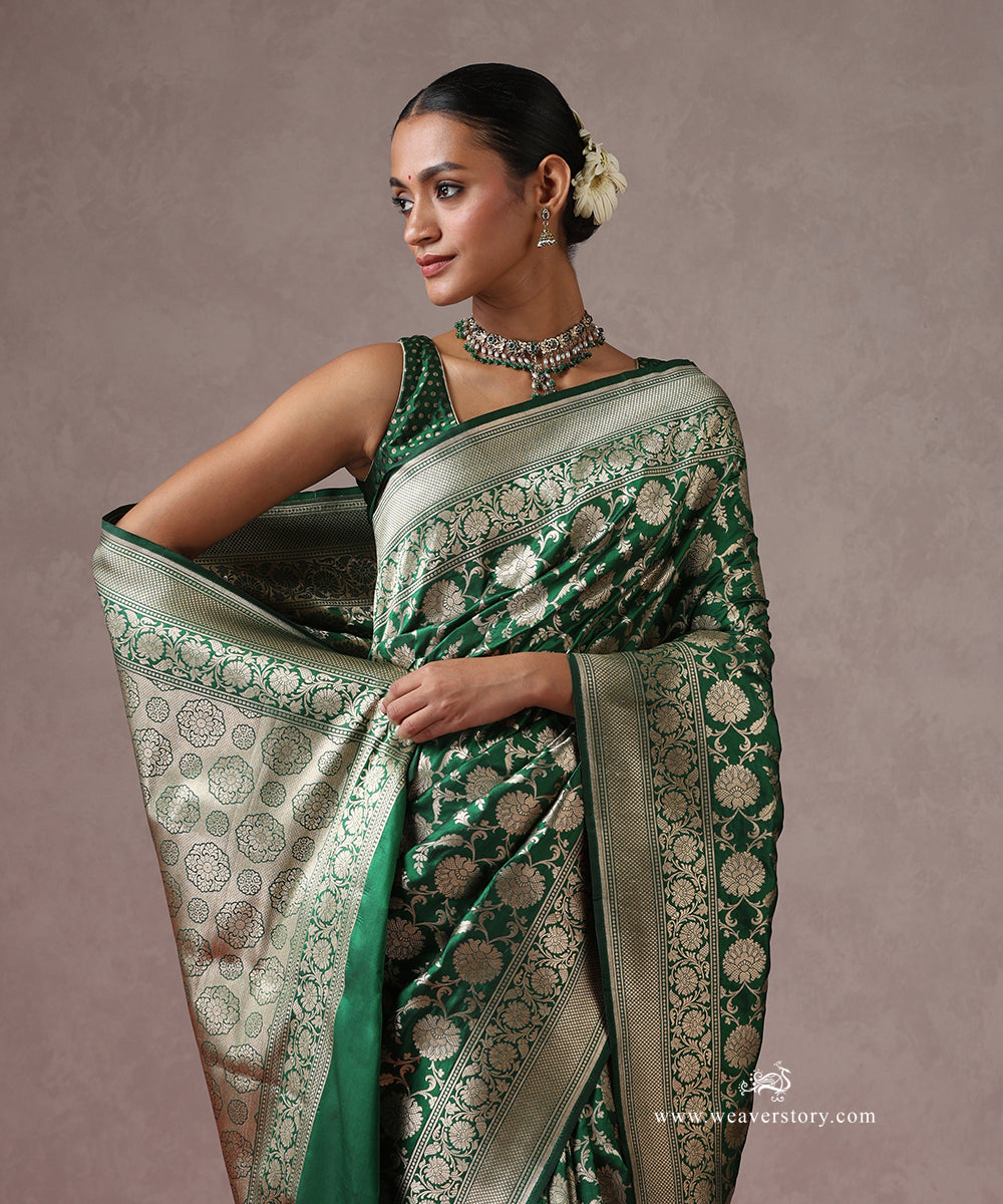 Green_Handloom_Pure_Katan_Silk_Banarasi_Saree_Saree_With_Cutwork_Floral_Jaal_WeaverStory_01