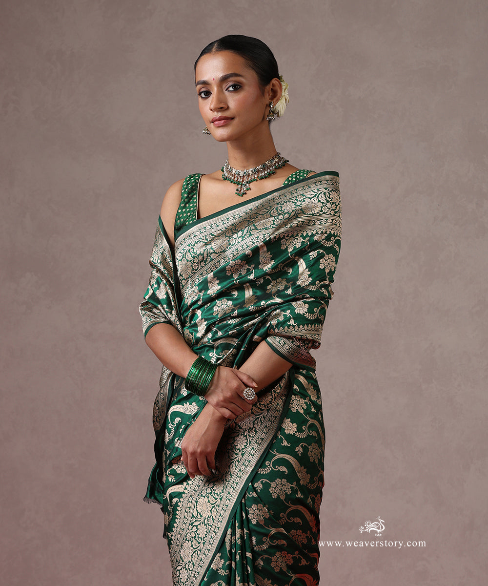 Bottle_Green_Pure_Katan_Silk_Banarasi_Saree_With_Allover_Cutwork_Jaal_WeaverStory_01