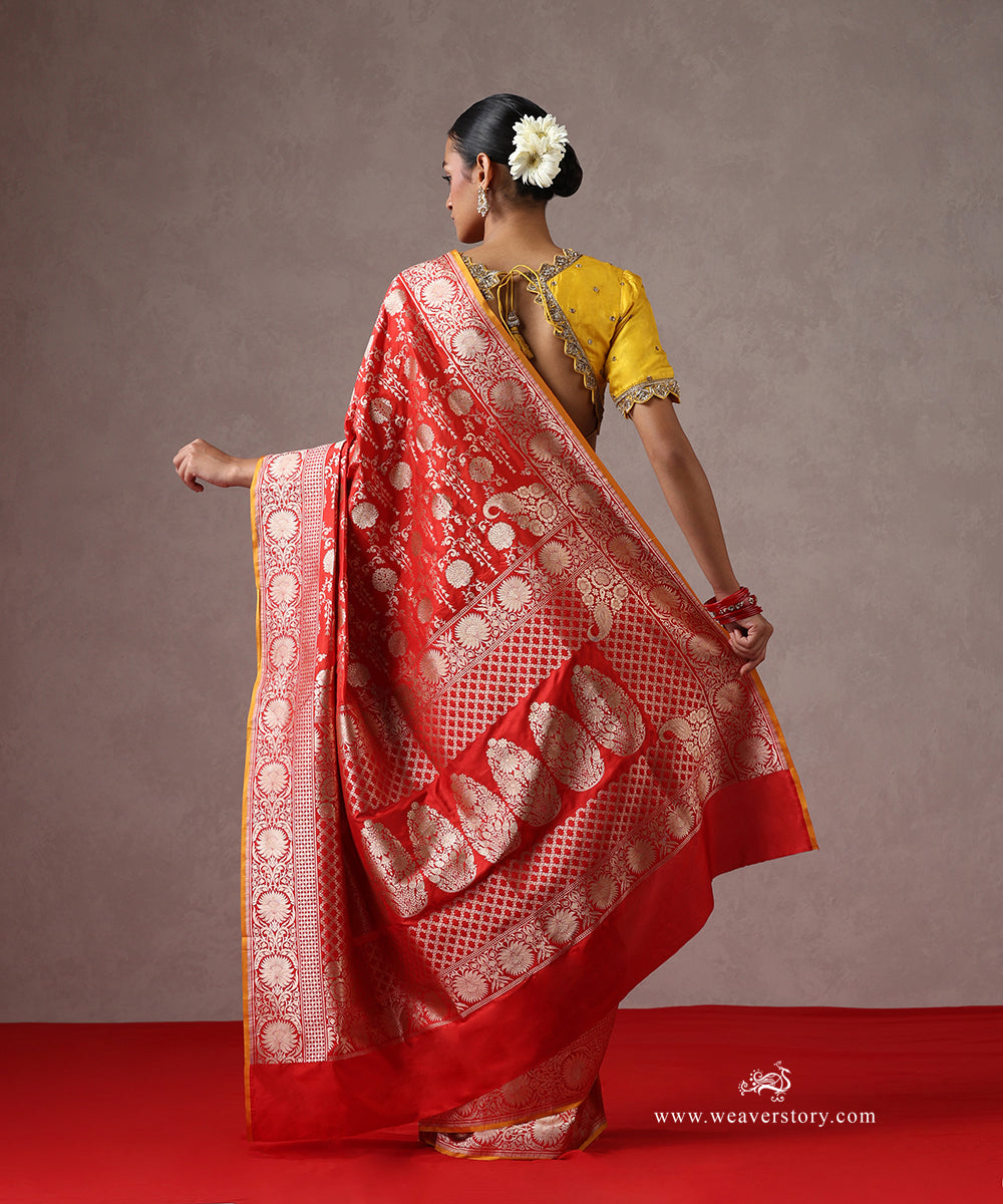 Red_Pure_Handloom_Pure_Katan_Silk_Banarasi_Saree_With_Cutwork_Floral_Jaal_And_Yellow_Selvedge_WeaverStory_03