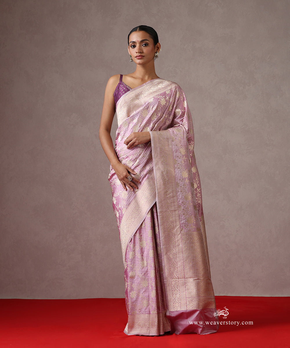 Light_Purple_Handloom_Pure_Katan_Silk_Banarasi_Saree_With_Cutwork_Jaal_And_Self_Strip_WeaverStory_02