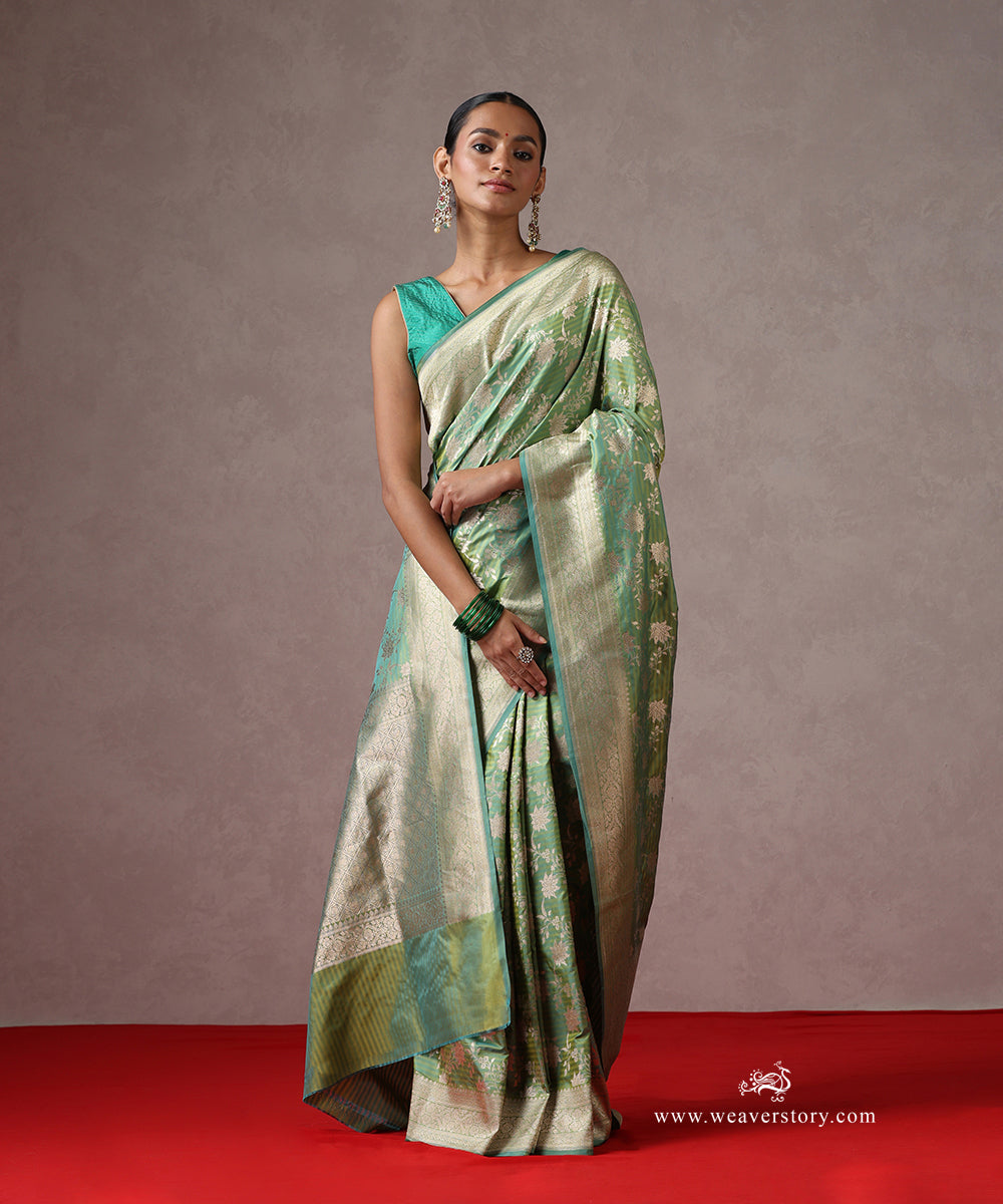 Heena_Green_Dual_Shade_Handloom_Pure_Katan_Silk_Banarasi_Saree_With_Cutwork_Jaal_And_Self_Strip_WeaverStory_02