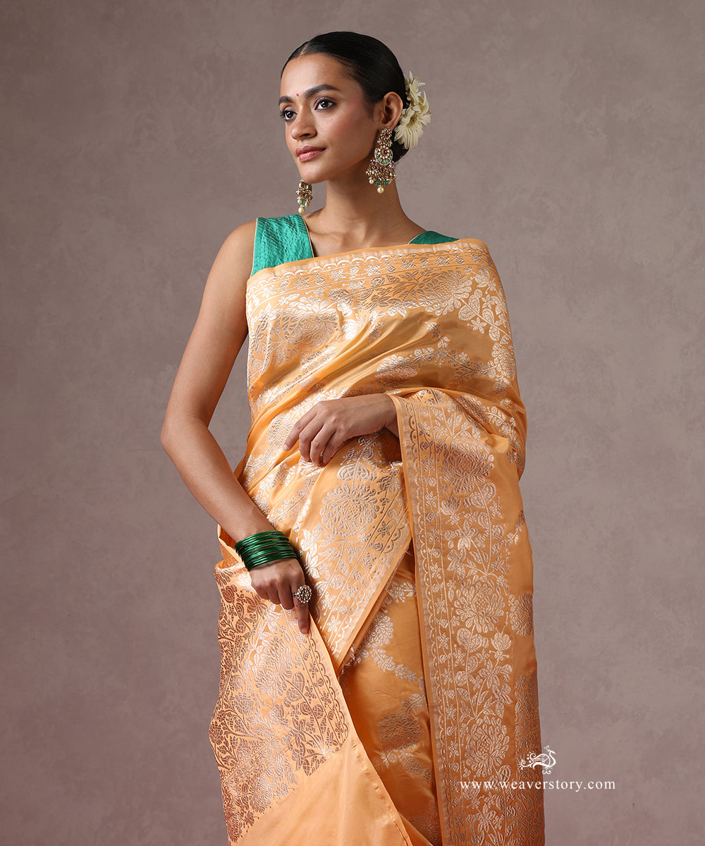 Peach_Handloom_Pure_Katan_Silk_Banarasi_Saree_With_Cutwork_Floral_Jaal_WeaverStory_01